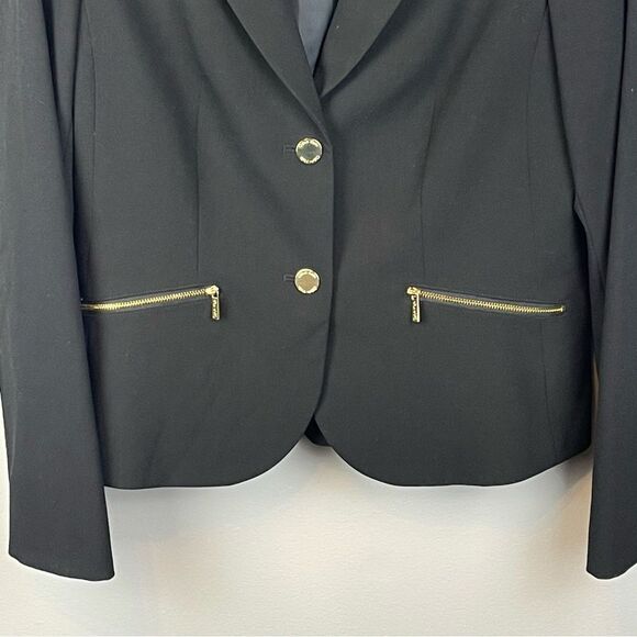 Calvin Klein Blazer Black Two Button Jacket Gold Zippered Pockets Fitted Size 8 - Picture 5 of 6